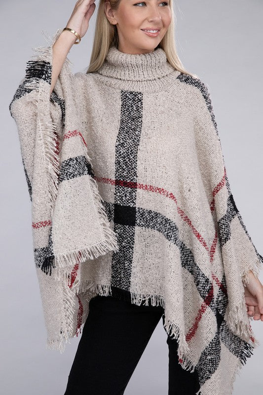 Women's Stretch Plaid Turtleneck Knit Poncho