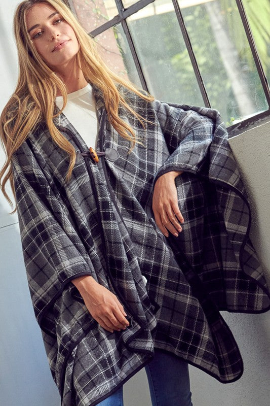 Women's Casual Plaid Toggle Cloak Poncho