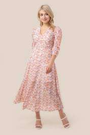 Women's Floral Print V Neck Chiffon Maxi Dress