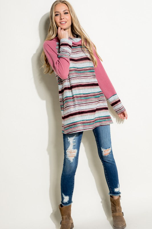 Women's Casual Multi Stripe Turtle Neck Tunic Top