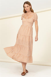 Women's Boho Gingham Print Maxi Dress with Tie Back