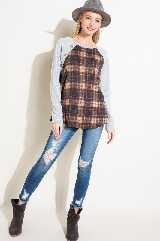 Women's Casual Plaid Mixed Button Detail Long Sleeve Top