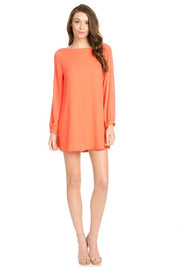 Women's Coral Long Sleeve Shift Dress with Cut Out V Back