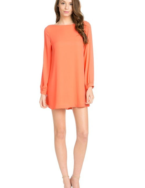 Women's Coral Long Sleeve Shift Dress with Cut Out V Back