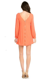 Women's Coral Long Sleeve Shift Dress with Cut Out V Back