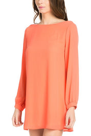 Women's Coral Long Sleeve Shift Dress with Cut Out V Back