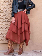 Women's Casual Tiered Midi Skirt with Lace Details