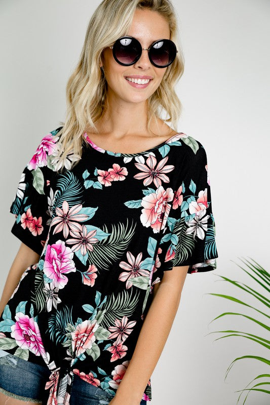 Women's Floral Ruffle Sleeve Tie Bottom Top