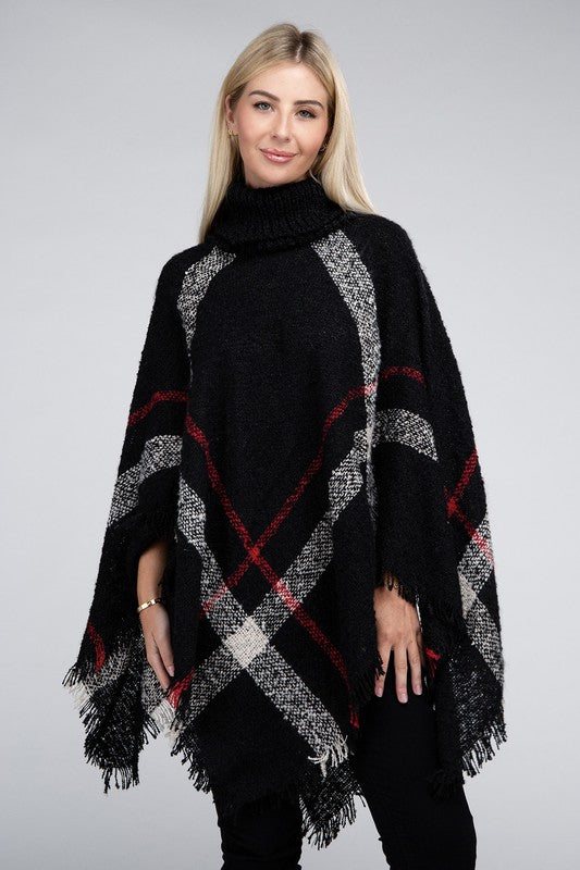 Women's Stretch Plaid Turtleneck Knit Poncho