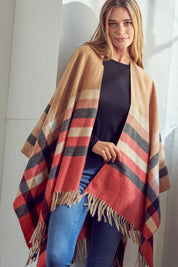 Women's Fringe Trim Plaid Poncho Shawl