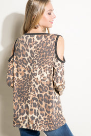 Women's Animal Print Terry Cold Shoulder Top