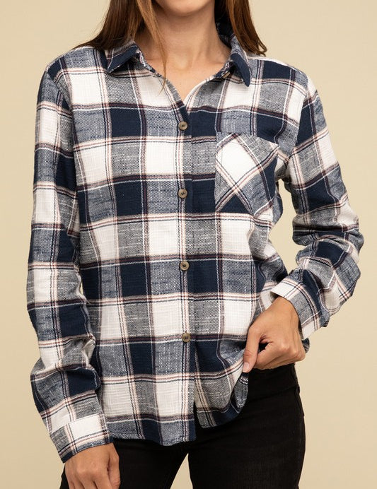 Cotton Plaid Shacket With Front Pocket