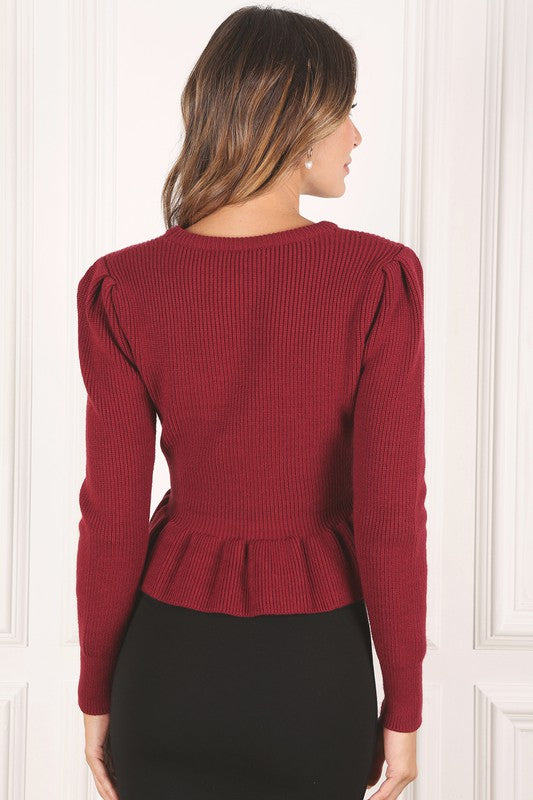 Women's Puff Sleeve Peplum Sweater Top