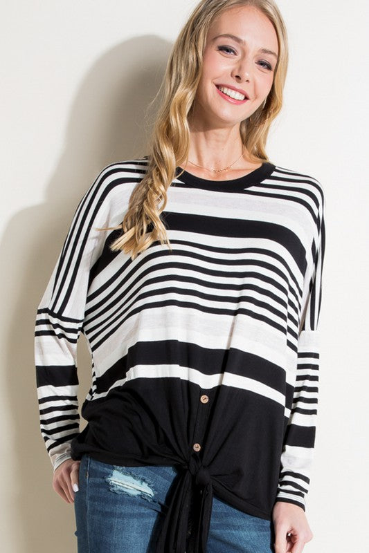 Women's Loose Fit Stripe and Solid Long Sleeve Top