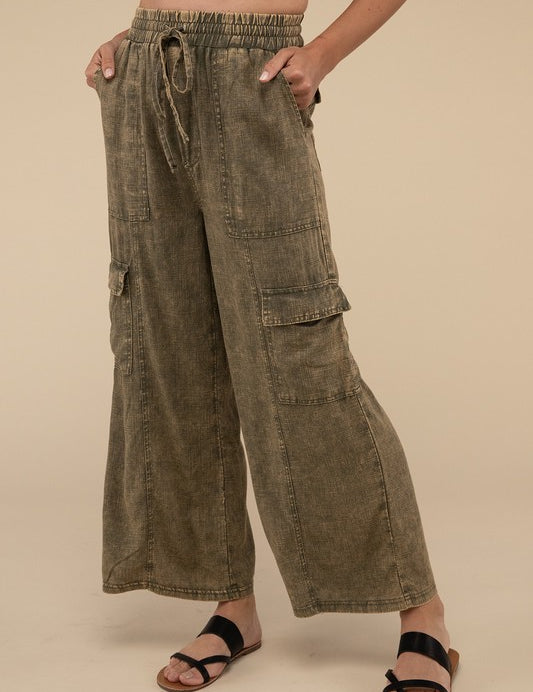 Washed Linen Elastic Band Waist Cargo Pants