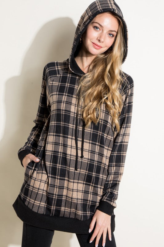 Women's Casual Plaid Mixed Hoodie Sweatshirt