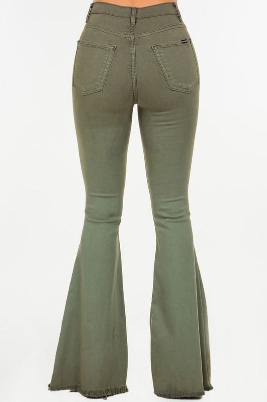 Women's High Rise Olive Bell Bottom Jeans