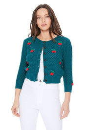 Women's Cropped Cherry Pom Pom Cardigan Sweater