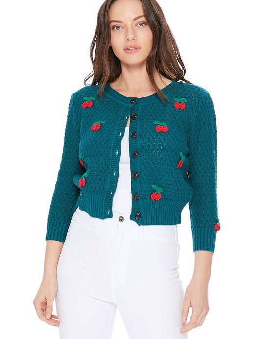 Cherry Crochet Pom Pom Cropped Cardigan Sweater