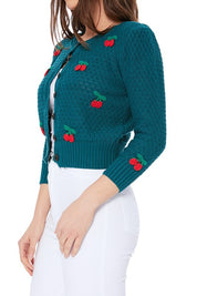 Women's Cropped Cherry Pom Pom Cardigan Sweater