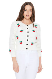 Women's Cropped Cherry Pom Pom Cardigan Sweater