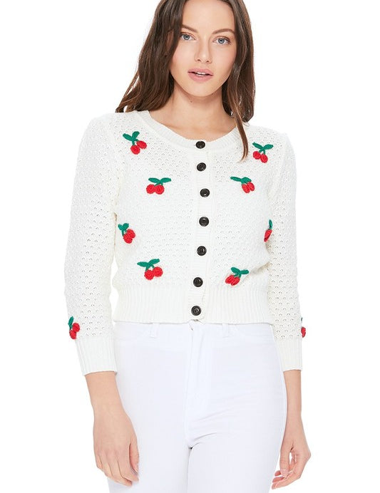 Cherry Crochet Pom Pom Cropped Cardigan Sweater