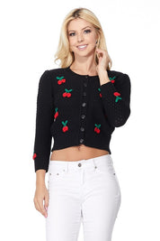 Women's Cropped Cherry Pom Pom Cardigan Sweater