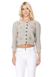 Women's Cropped Cherry Pom Pom Cardigan Sweater