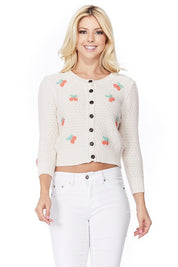 Women's Cropped Cherry Pom Pom Cardigan Sweater