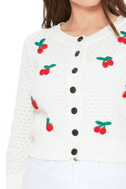 Women's Cropped Cherry Pom Pom Cardigan Sweater