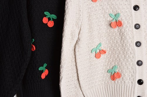 Women's Cropped Cherry Pom Pom Cardigan Sweater