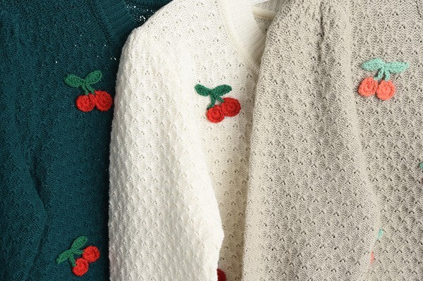 Women's Cropped Cherry Pom Pom Cardigan Sweater