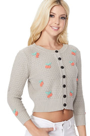 Women's Cropped Cherry Pom Pom Cardigan Sweater