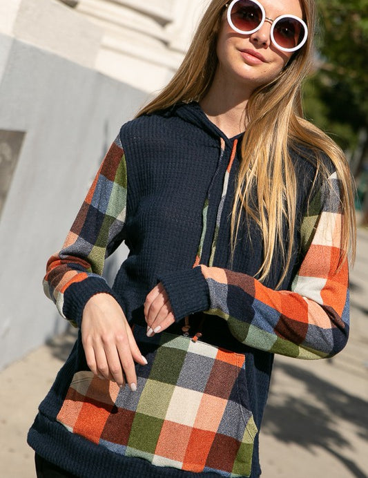 Women's Casual Loose Fit Plaid Mixed Hoodie Sweatshirt