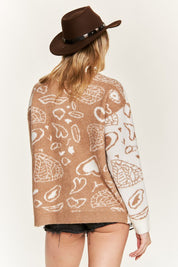 Women's Oversized Heart Paisley Color Block Cardigan