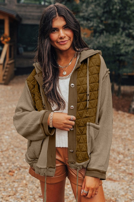 Women's Loose Fit Textured Patchwork Hooded Jacket