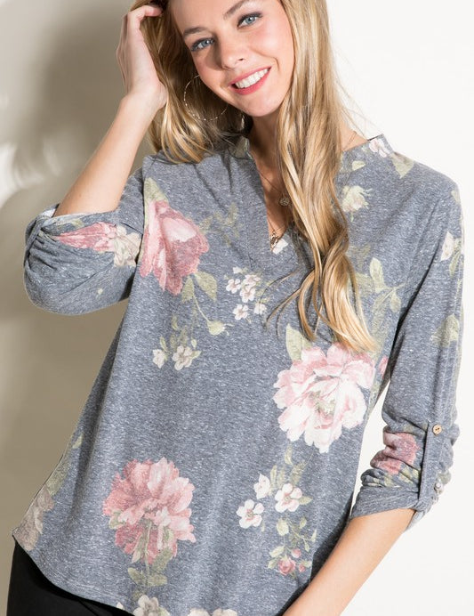 Women's Casual Floral Split Neck Long Sleeve Top