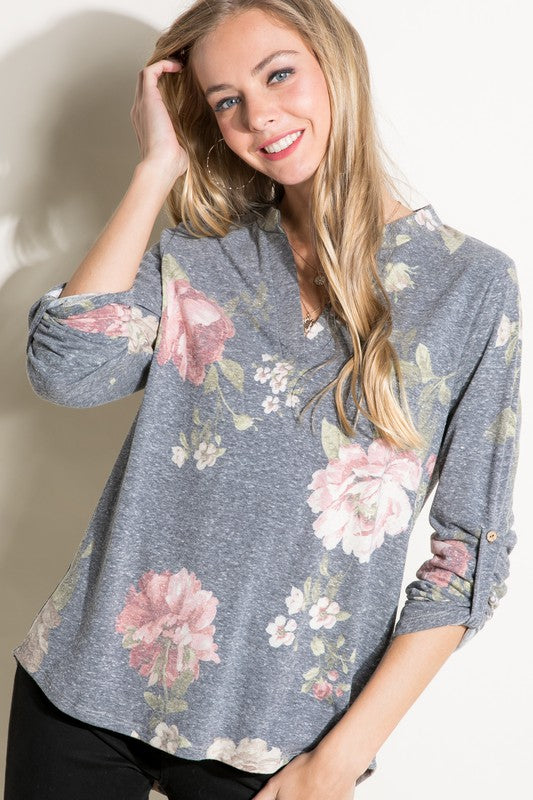 Women's Casual Floral Split Neck Long Sleeve Top