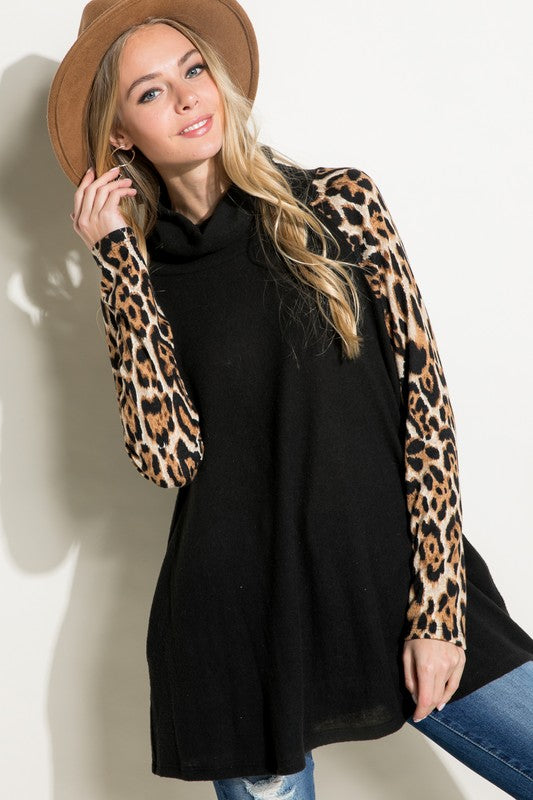 Women's Brushed Hacci Cheetah Print and Solid Mixed Turtle Neck Tunic Top