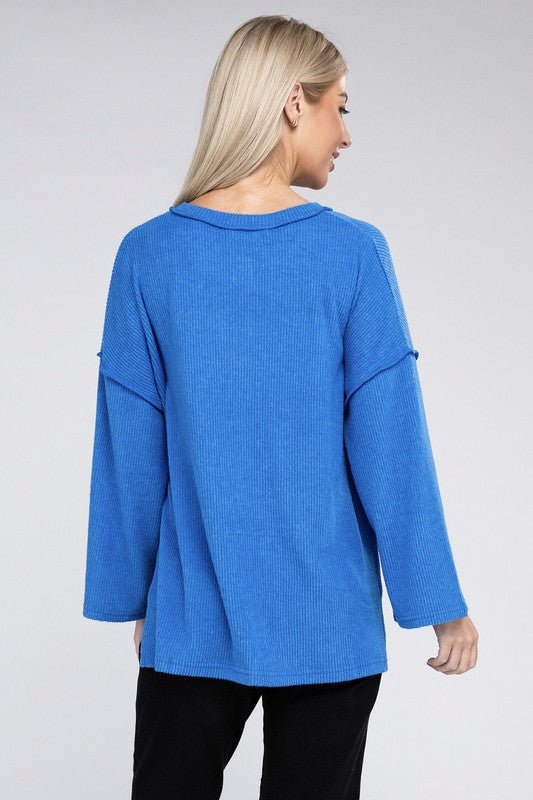 Women's Casual Ribbed Henley Sweater with Bell Sleeves