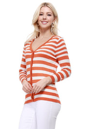 Women's V Neck Striped Spandex Cardigan Sweater