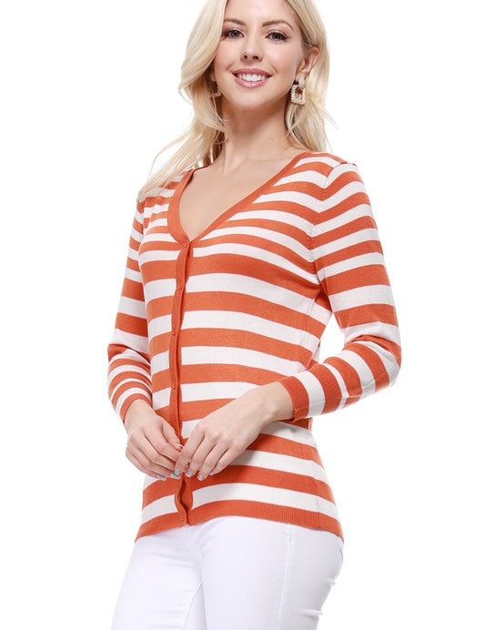 Women's V Neck Striped Spandex Cardigan Sweater