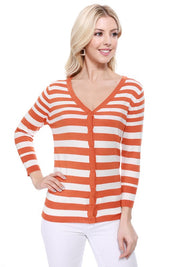 Women's V Neck Striped Spandex Cardigan Sweater