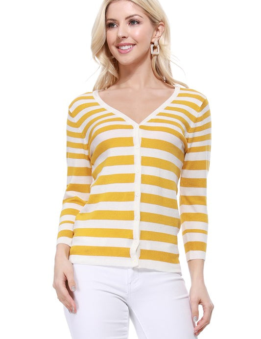 Women's V Neck Striped Spandex Cardigan Sweater