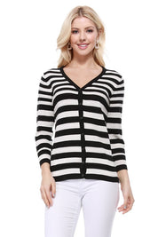 Women's V Neck Striped Spandex Cardigan Sweater