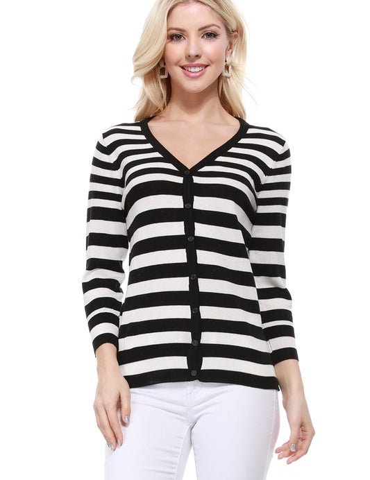 Women's V Neck Striped Spandex Cardigan Sweater