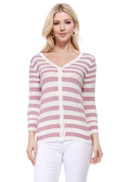 Women's V Neck Striped Spandex Cardigan Sweater