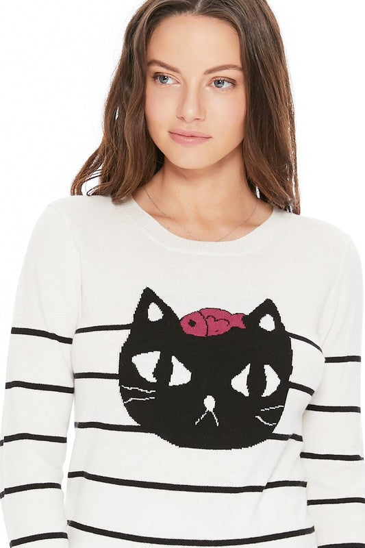 Women's Cute Cat Face Jacquard Pullover Sweater