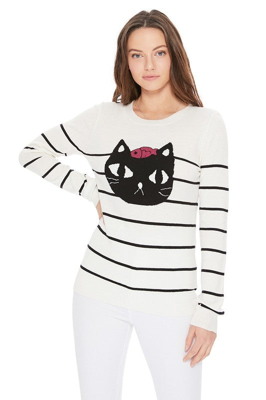 Women's Cute Cat Face Jacquard Pullover Sweater