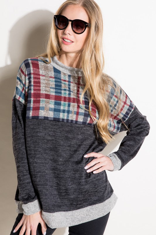 Plus Size Women's Casual Plaid Mock Neck Long Sleeve Top